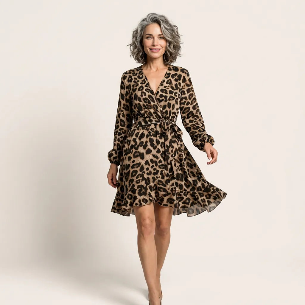 Leopard Long Sleeve Mini Wrap Dress