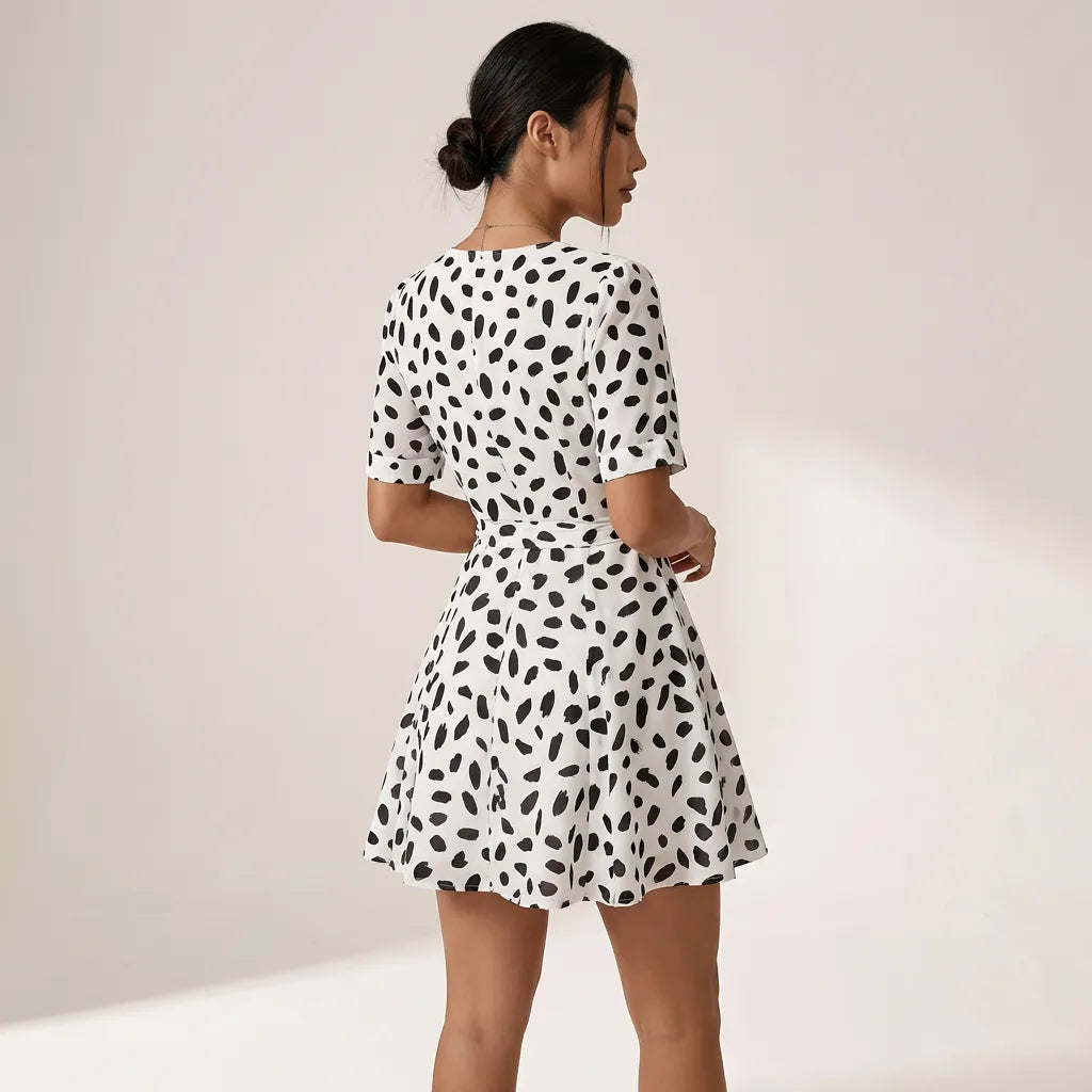 Polka Print V Tie-Waist Mini Dress