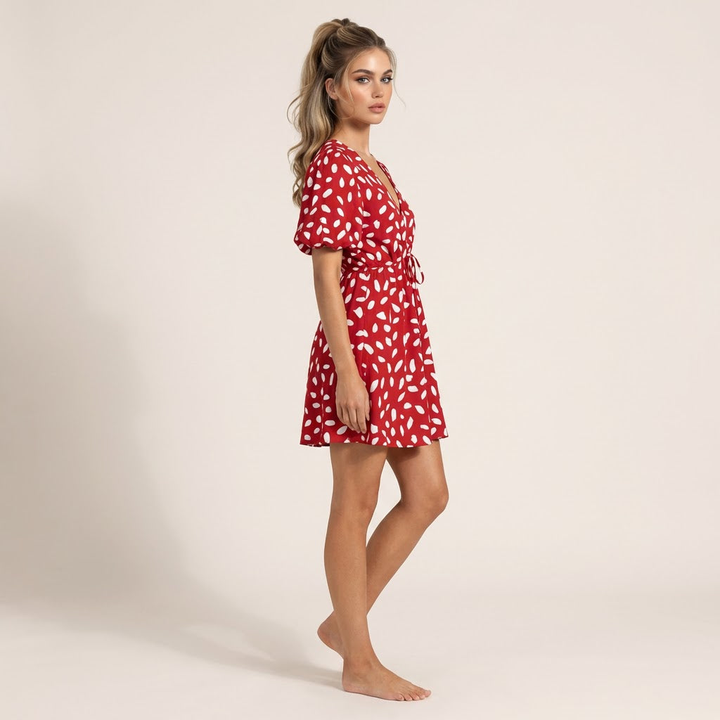 Polka Print V Tie-Waist Mini Dress