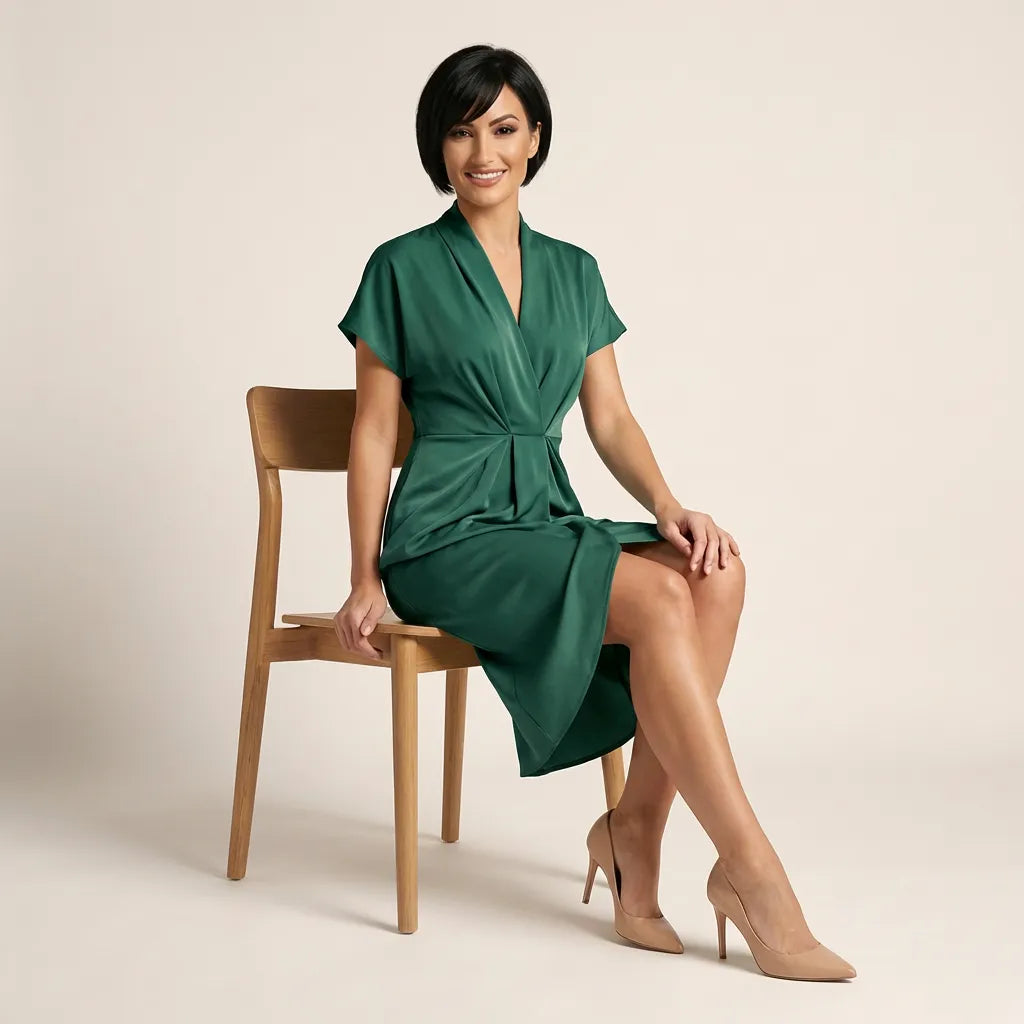 Pleated Wrap Midi Dress