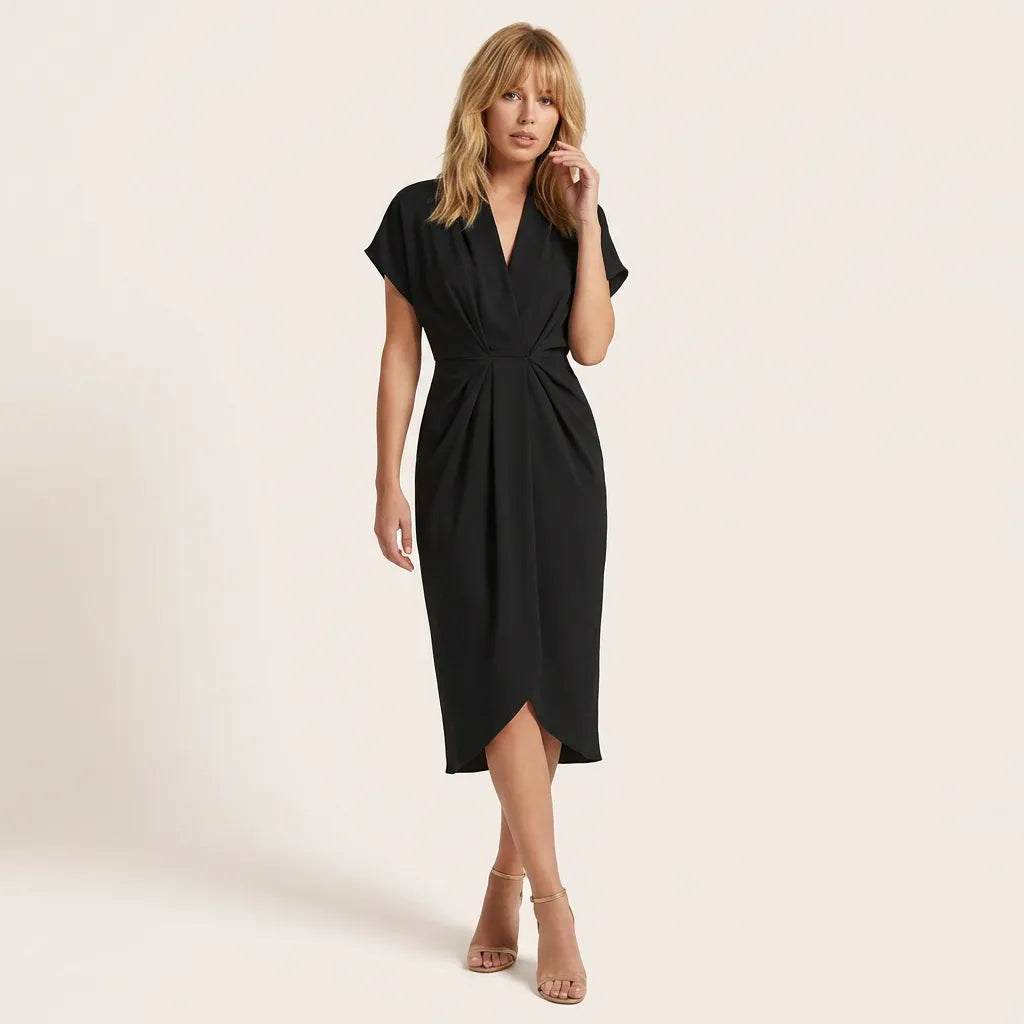 Pleated Wrap Midi Dress