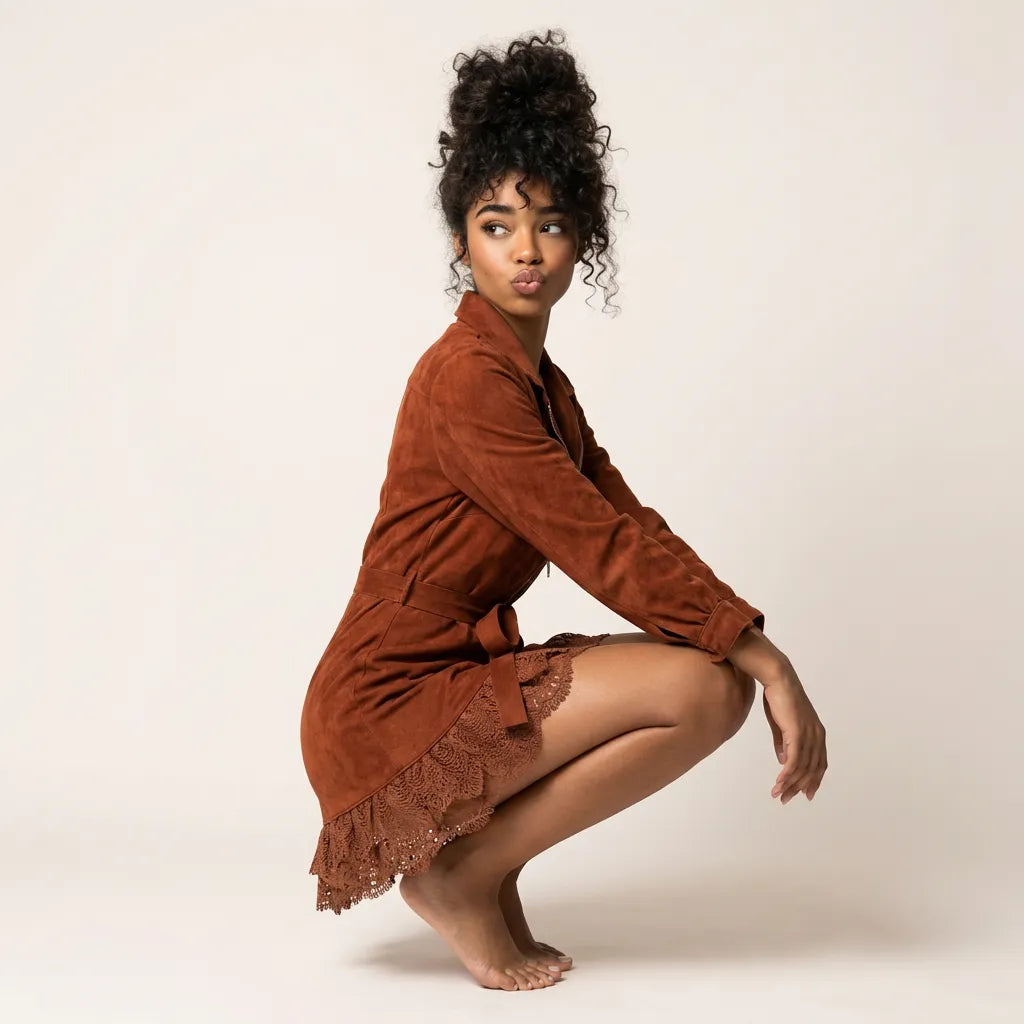 Suede Lace-Trim Mini Dress