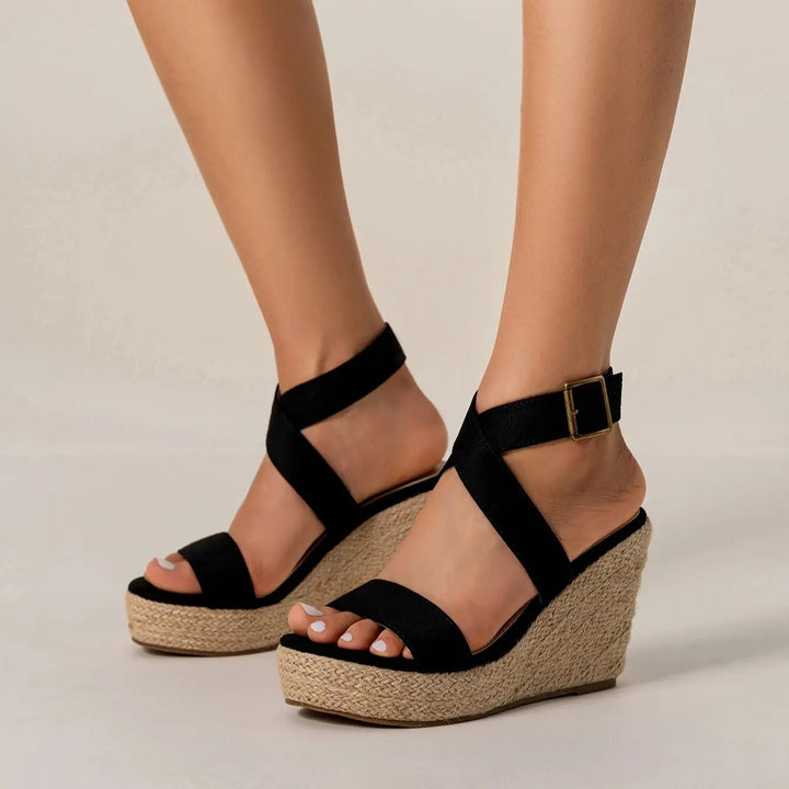 Riviera Chic Black Espadrille Wedges