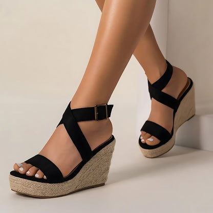 Riviera Chic Black Espadrille Wedges