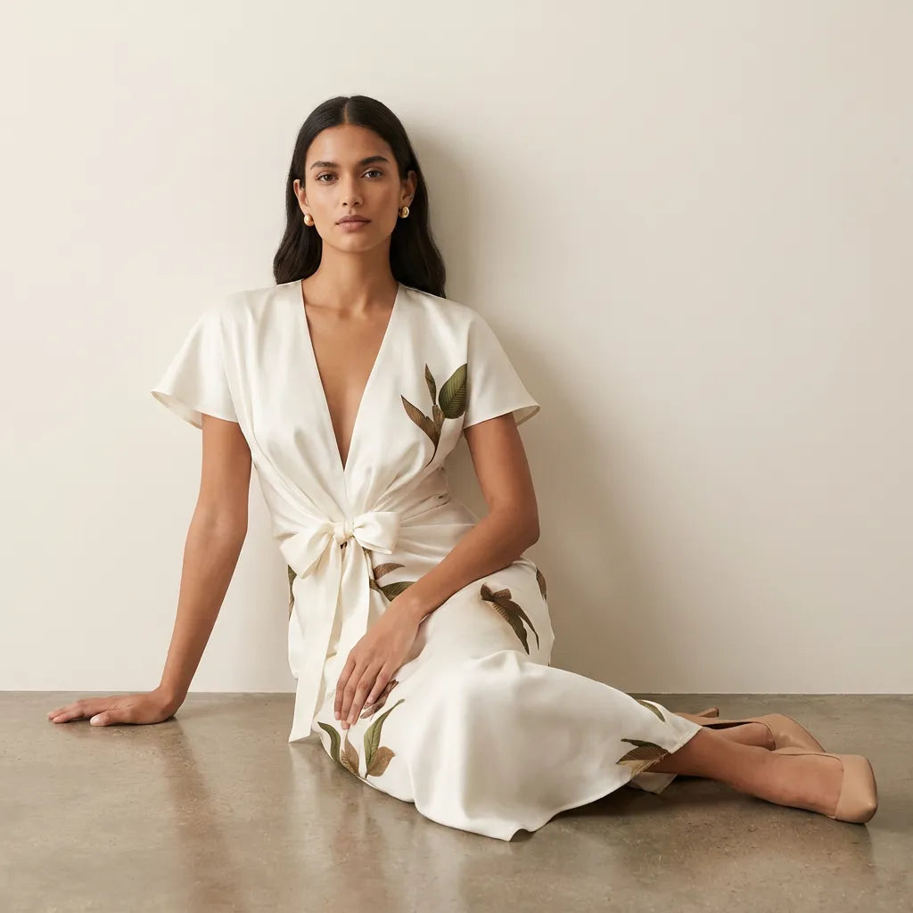 Short-sleeved Printed V-neck Midi Dress