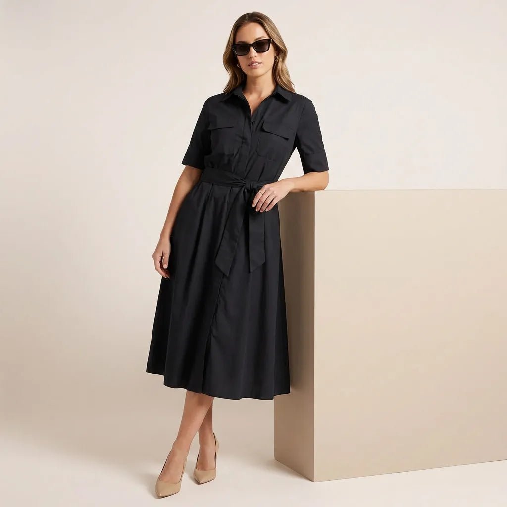 A - Line Midi Shirt Dress with Waist Tie BlackXSM-017-BLACK-XS