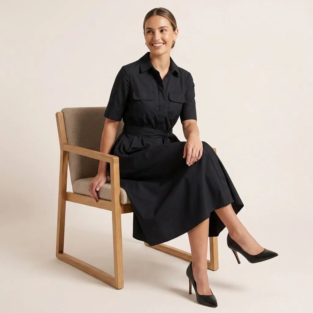 A - Line Midi Shirt Dress with Waist Tie BlackXSM-017-BLACK-XS