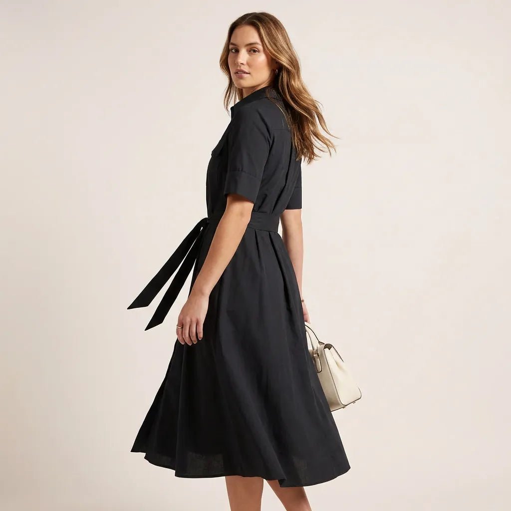 A - Line Midi Shirt Dress with Waist Tie BlackXSM-017-BLACK-XS