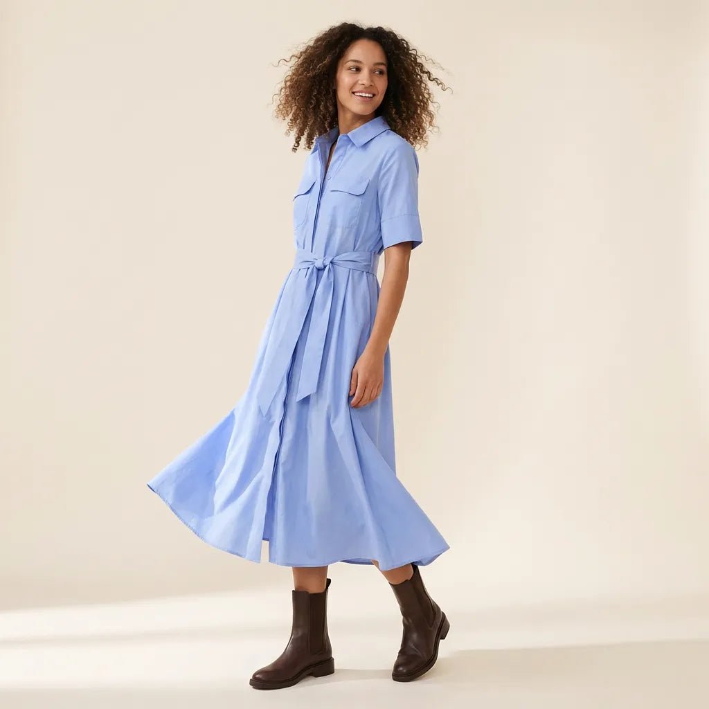 A - Line Midi Shirt Dress with Waist Tie BlueXSM-017-BLUE-XS