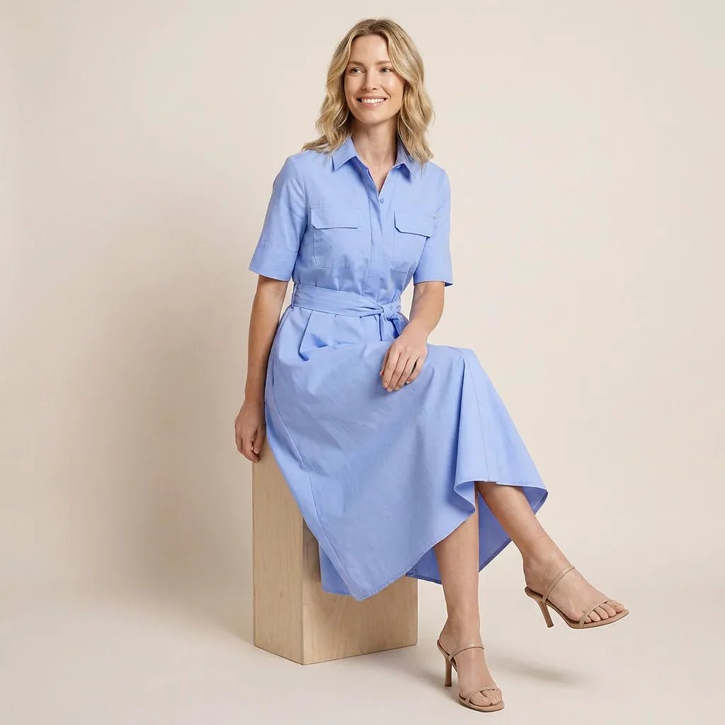 A - Line Midi Shirt Dress with Waist Tie BlueXSM-017-BLUE-XS
