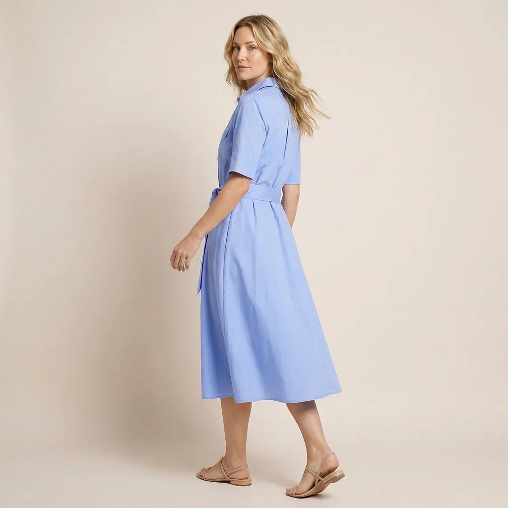 A - Line Midi Shirt Dress with Waist Tie BlueXSM-017-BLUE-XS