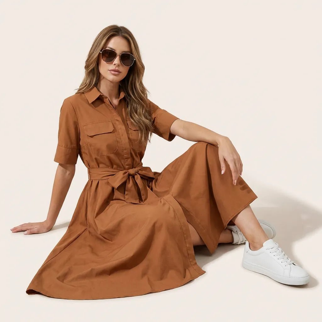 A - Line Midi Shirt Dress with Waist Tie BronzeXSM-017-BRONZE-XS