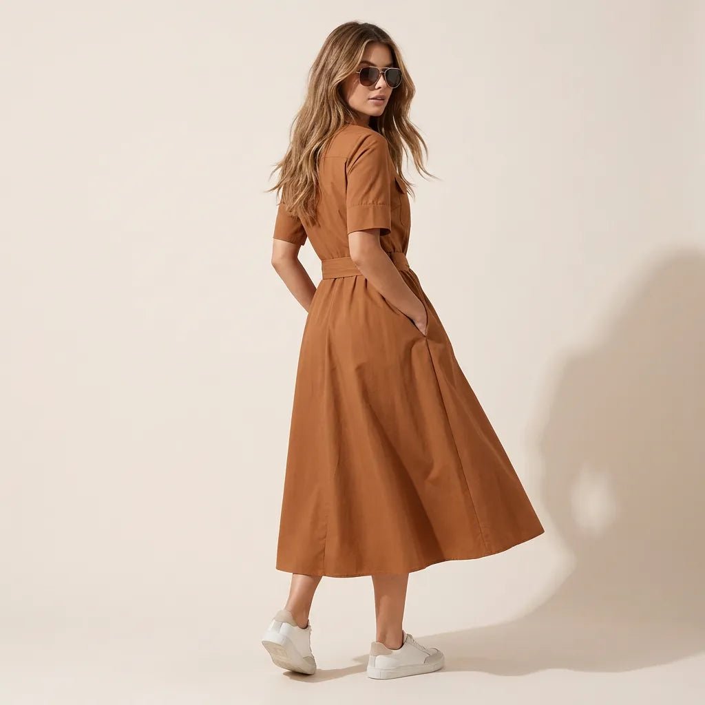 A - Line Midi Shirt Dress with Waist Tie BronzeXSM-017-BRONZE-XS