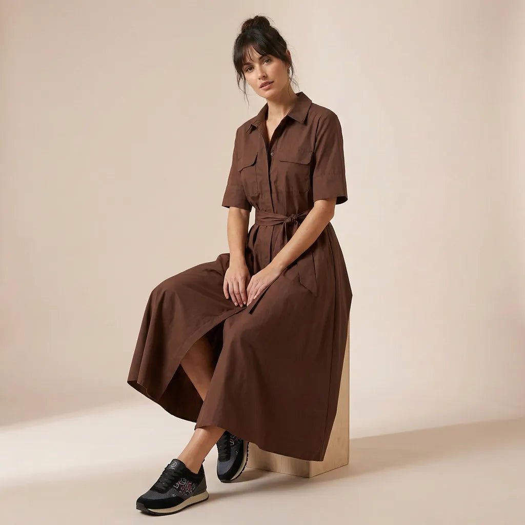 A - Line Midi Shirt Dress with Waist Tie BrownXSM-017-BROWN-XS
