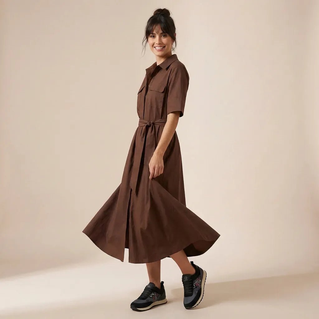 A - Line Midi Shirt Dress with Waist Tie BrownXSM-017-BROWN-XS