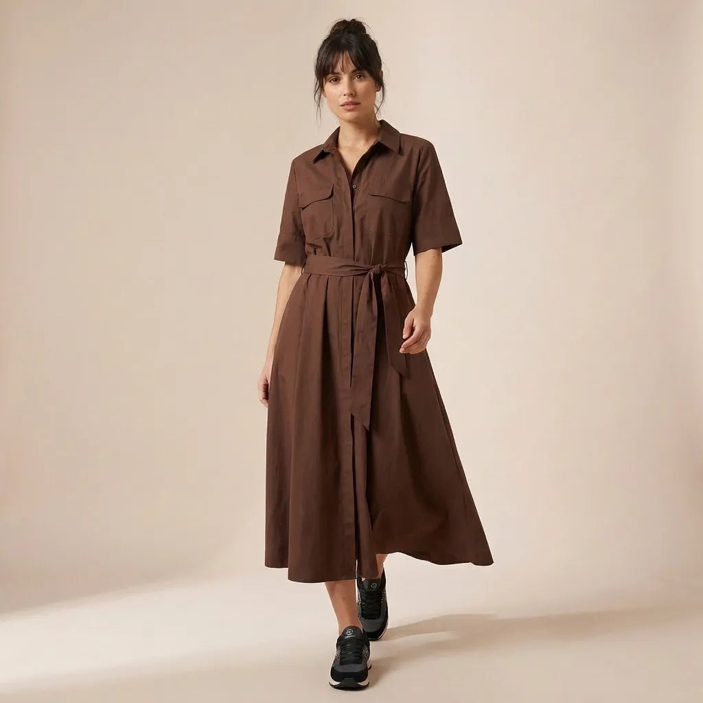 A - Line Midi Shirt Dress with Waist Tie BrownXSM-017-BROWN-XS