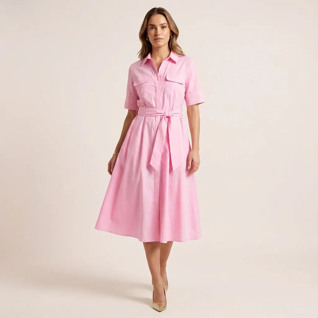A - Line Midi Shirt Dress with Waist Tie PinkXSM-017-PINK-XS