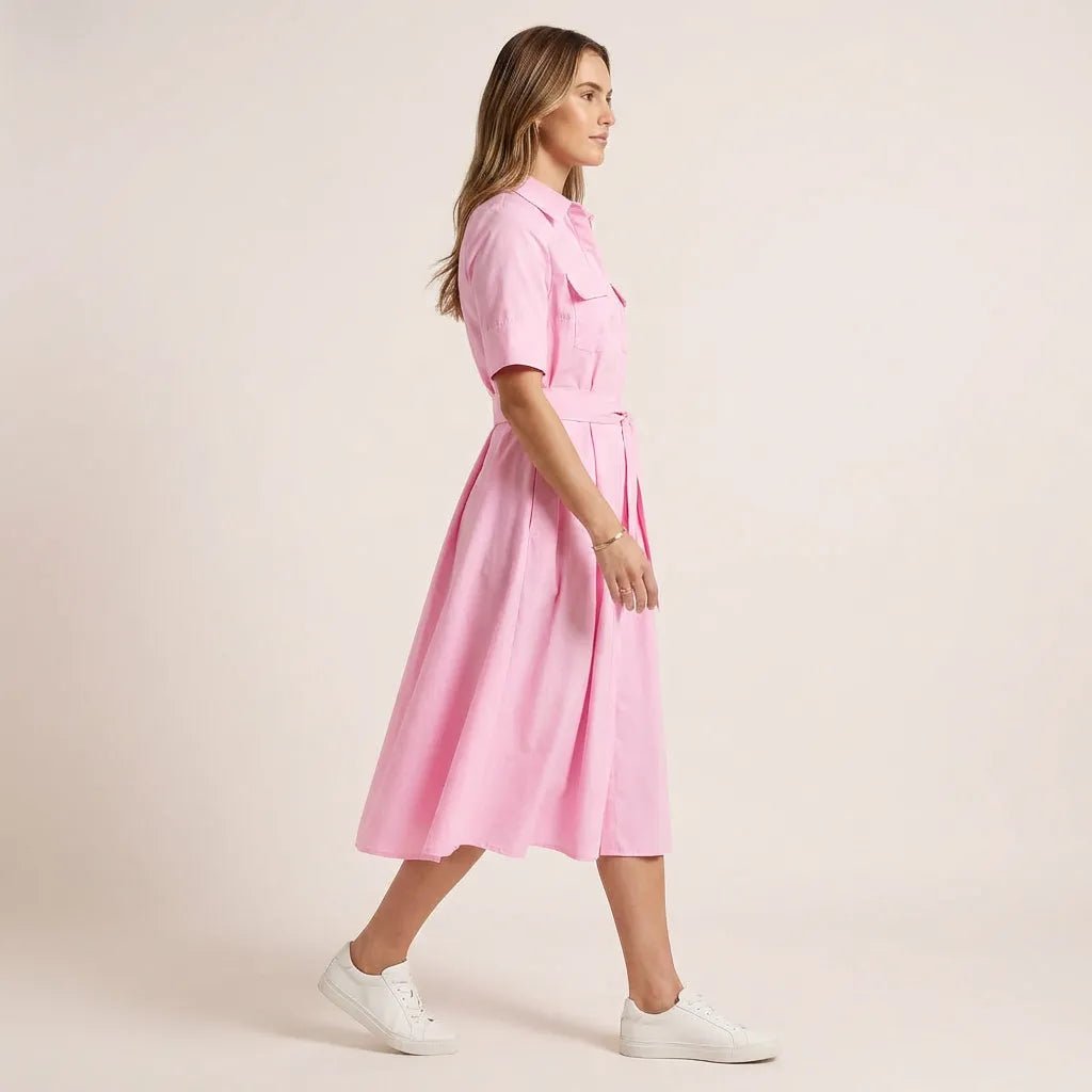 A - Line Midi Shirt Dress with Waist Tie PinkXSM-017-PINK-XS