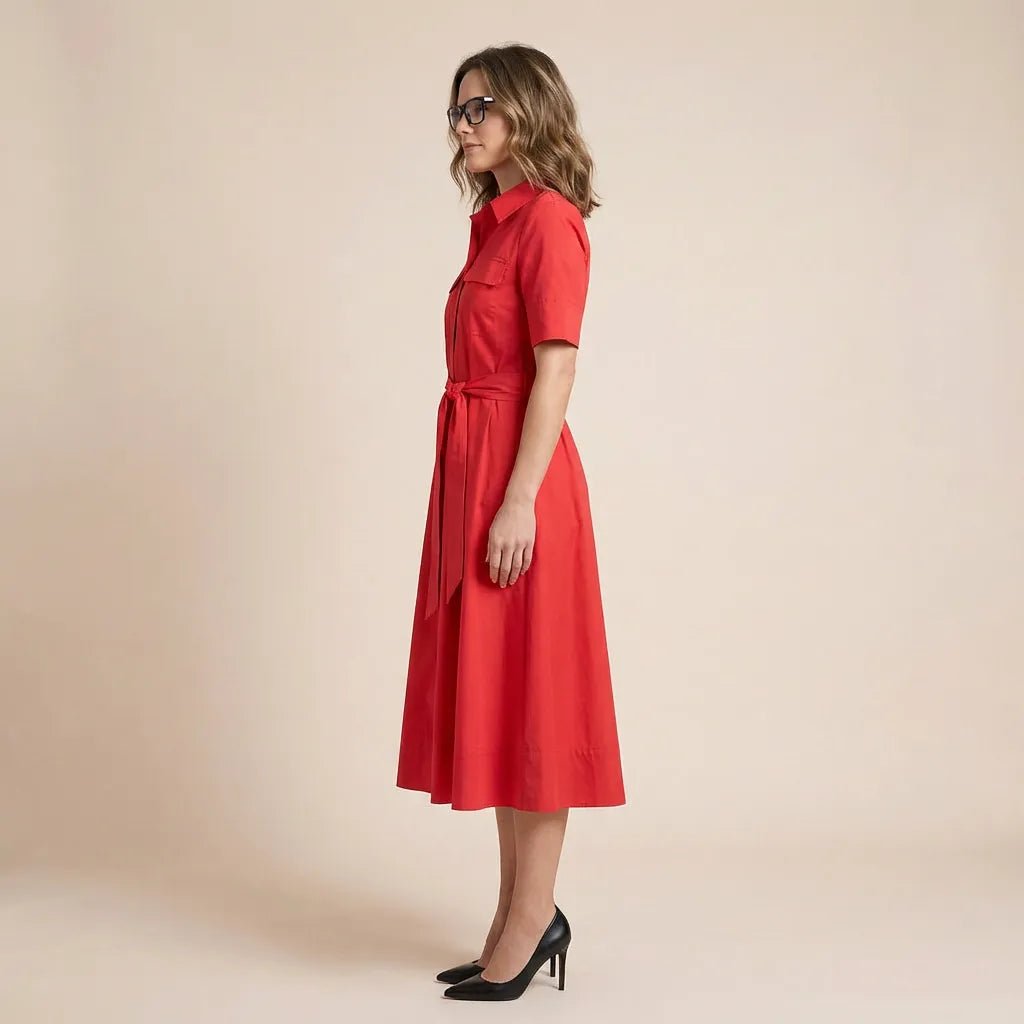 A - Line Midi Shirt Dress with Waist Tie RedXSM-017-RED-XS