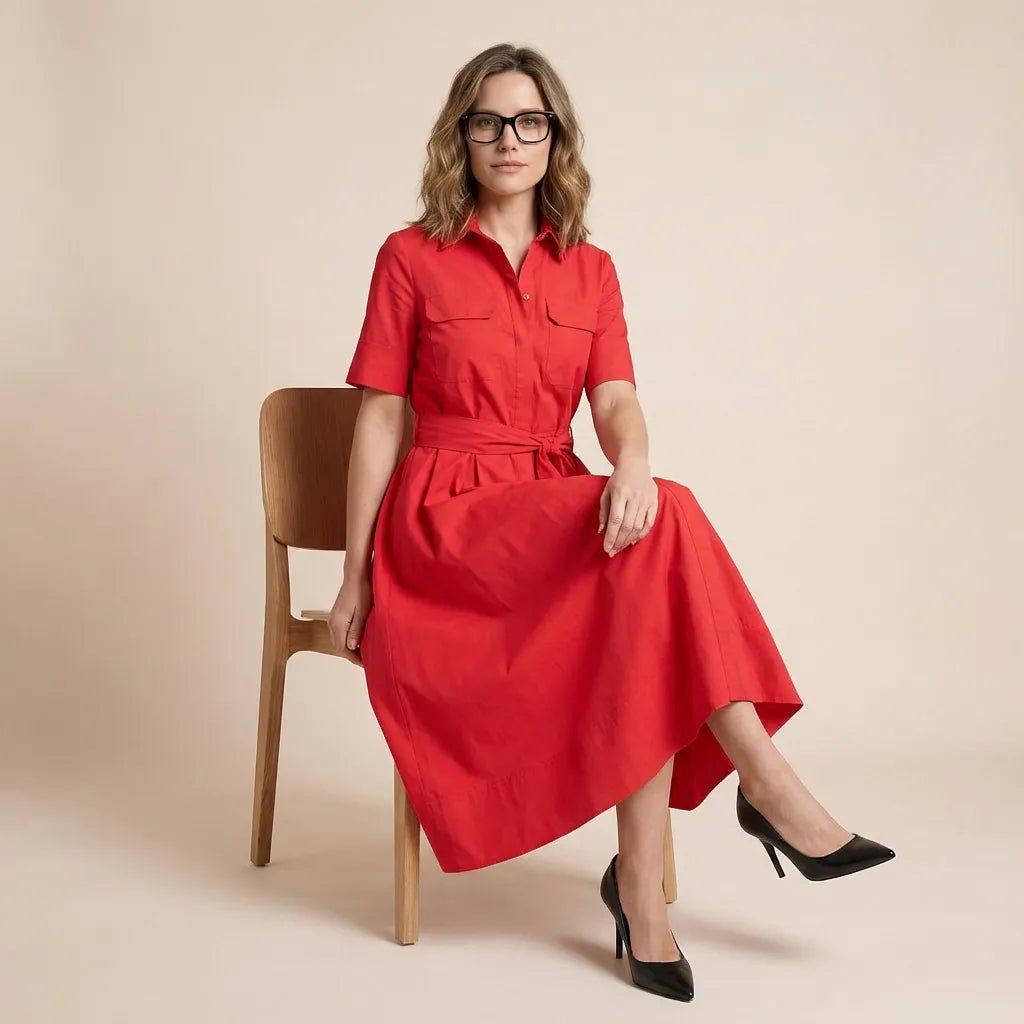 A - Line Midi Shirt Dress with Waist Tie RedXSM-017-RED-XS