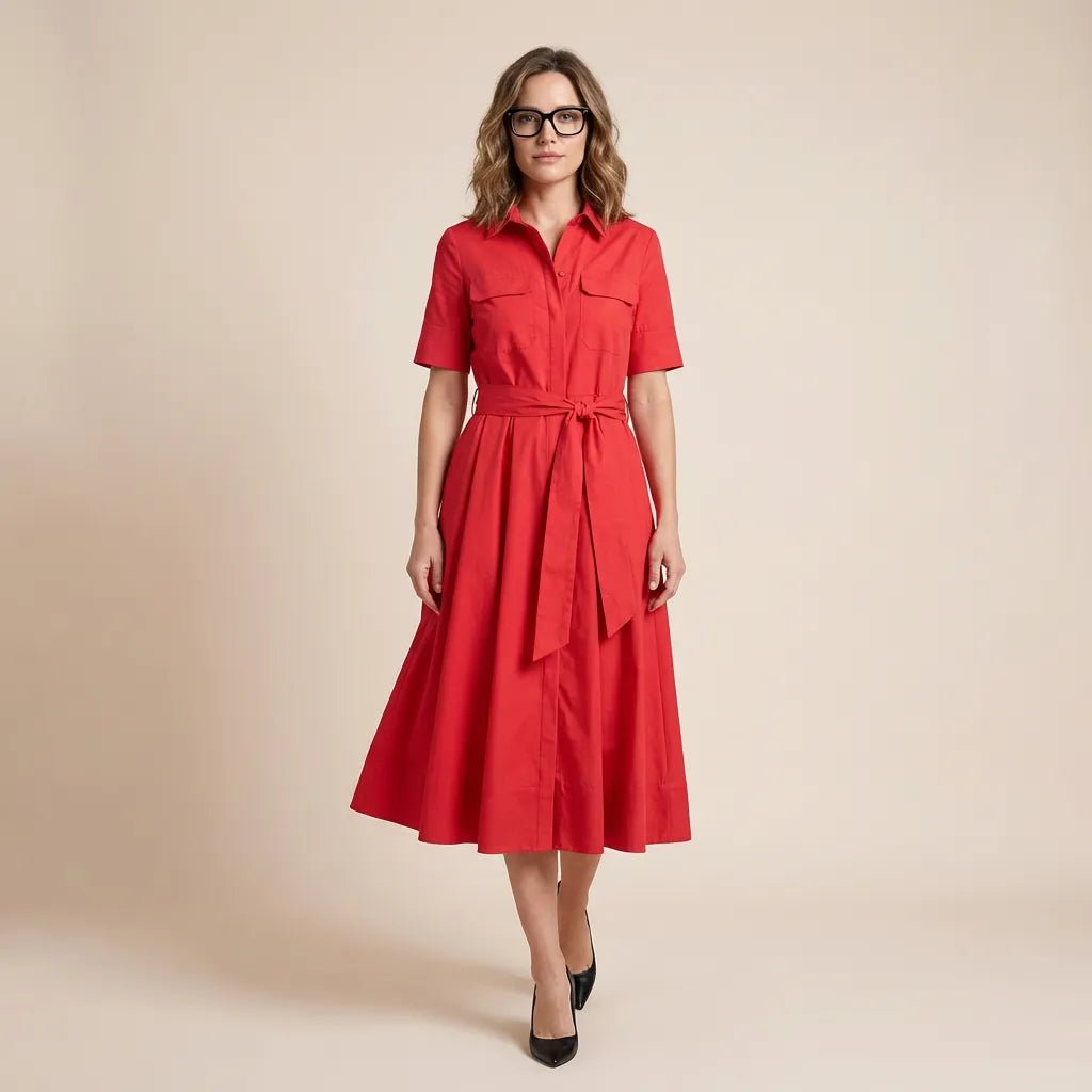 A - Line Midi Shirt Dress with Waist Tie RedXSM-017-RED-XS