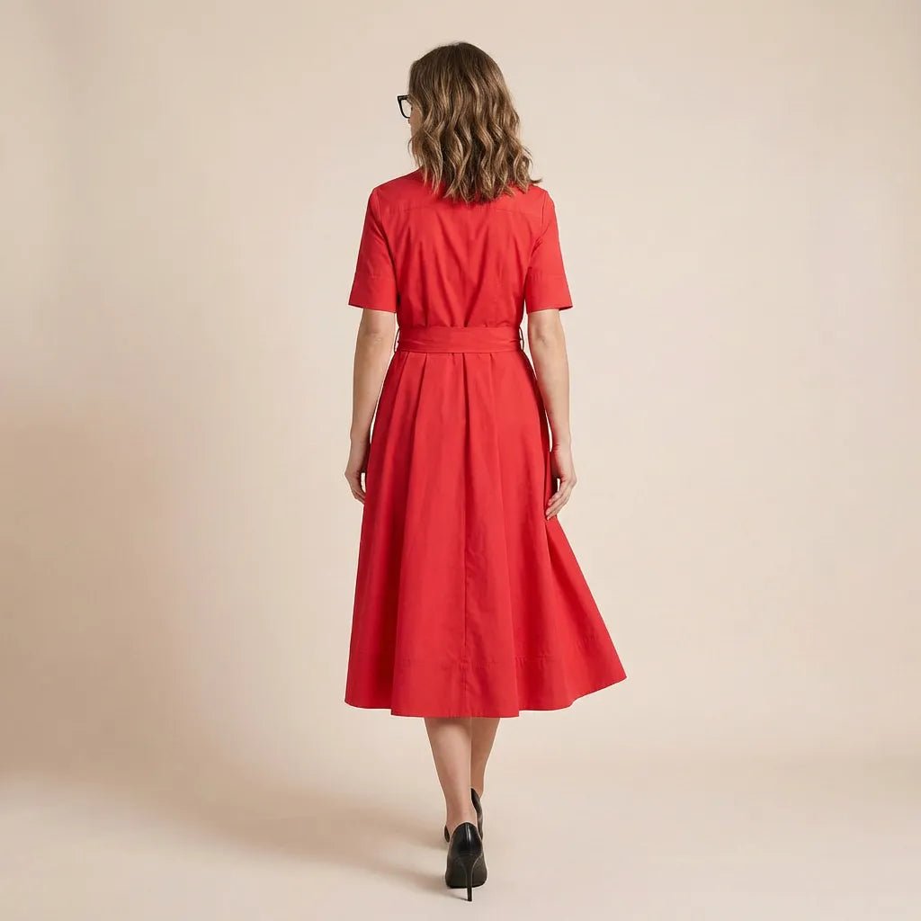 A - Line Midi Shirt Dress with Waist Tie RedXSM-017-RED-XS