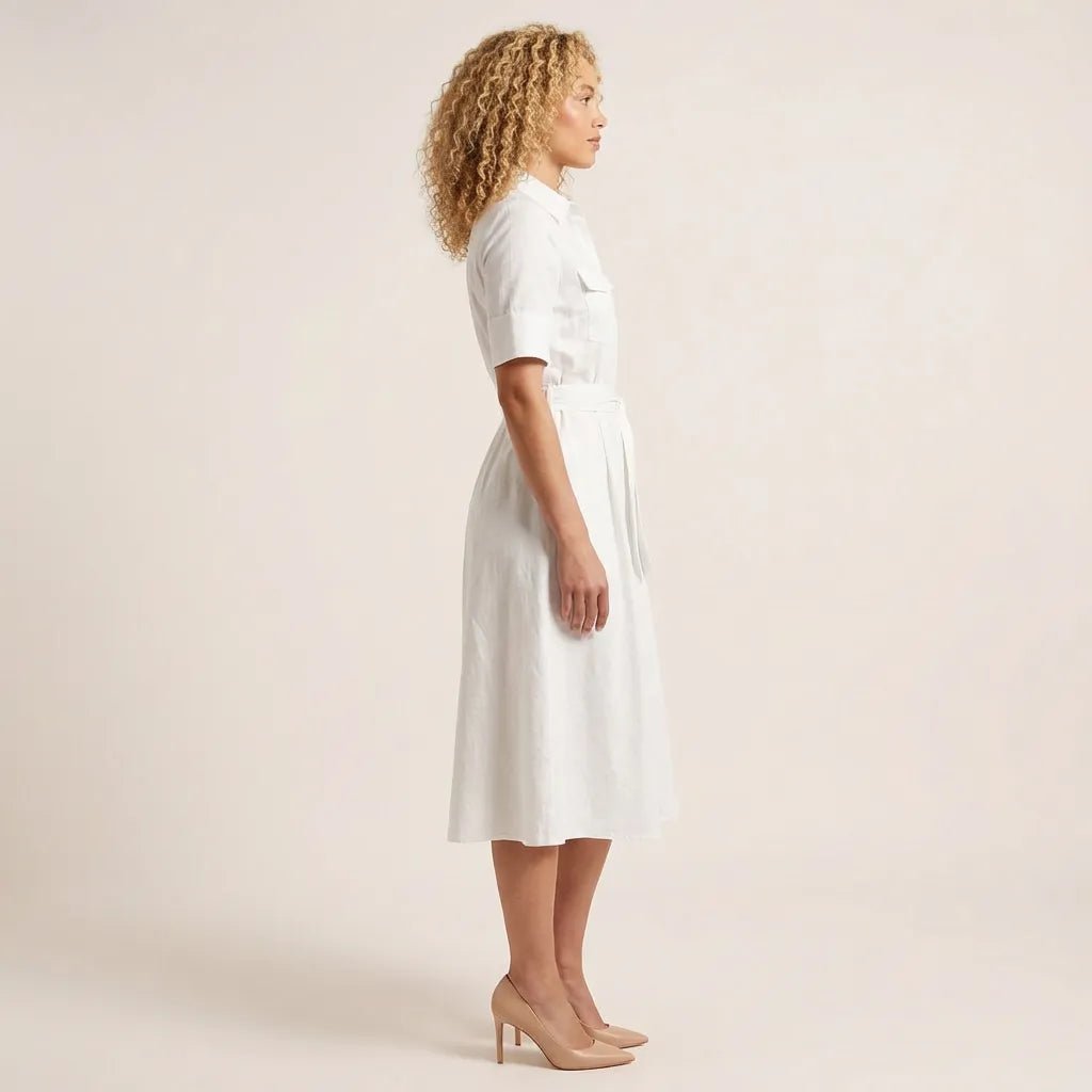 A - Line Midi Shirt Dress with Waist Tie WhiteXSM-017-WHITE-XS