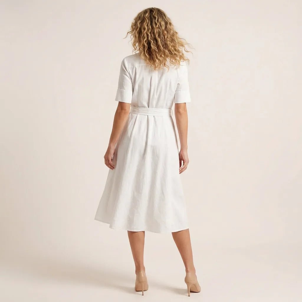 A - Line Midi Shirt Dress with Waist Tie WhiteXSM-017-WHITE-XS