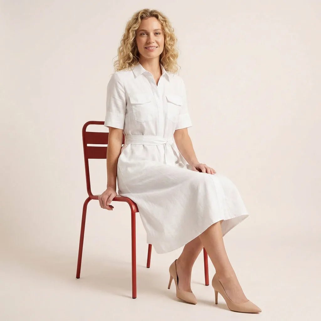 A - Line Midi Shirt Dress with Waist Tie WhiteXSM-017-WHITE-XS
