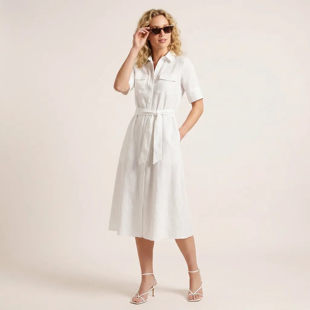 A - Line Midi Shirt Dress with Waist Tie WhiteXSM-017-WHITE-XS