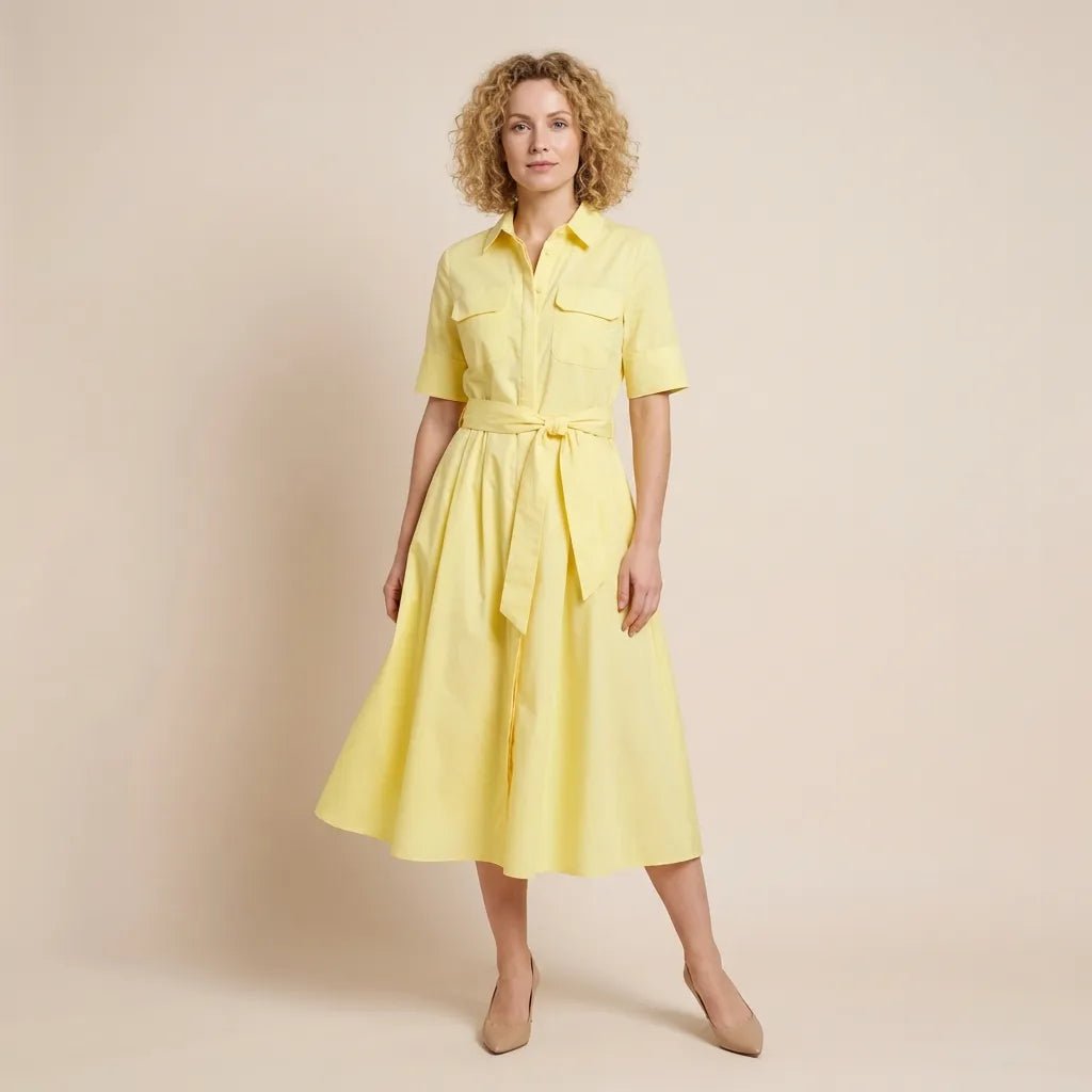 A - Line Midi Shirt Dress with Waist Tie YellowXSM-017-YELLOW-XS