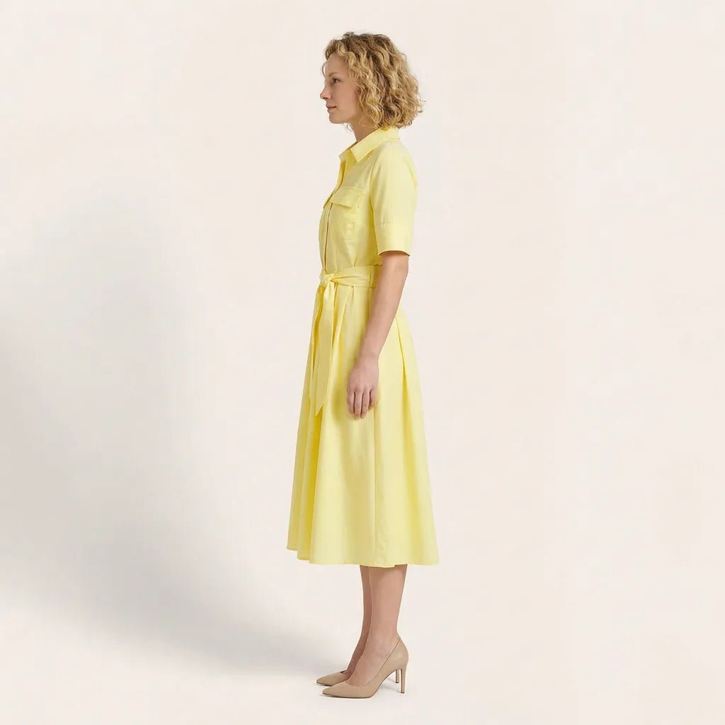 A - Line Midi Shirt Dress with Waist Tie YellowXSM-017-YELLOW-XS