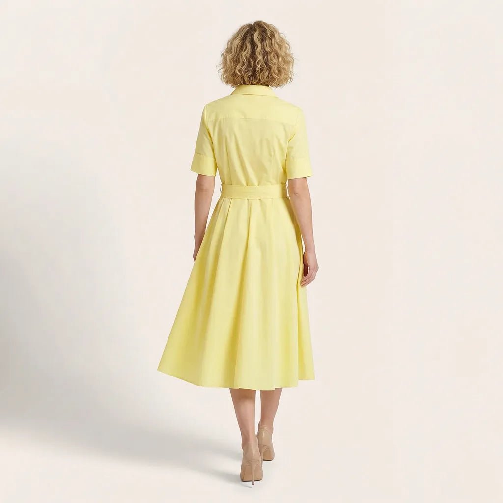 A - Line Midi Shirt Dress with Waist Tie YellowXSM-017-YELLOW-XS