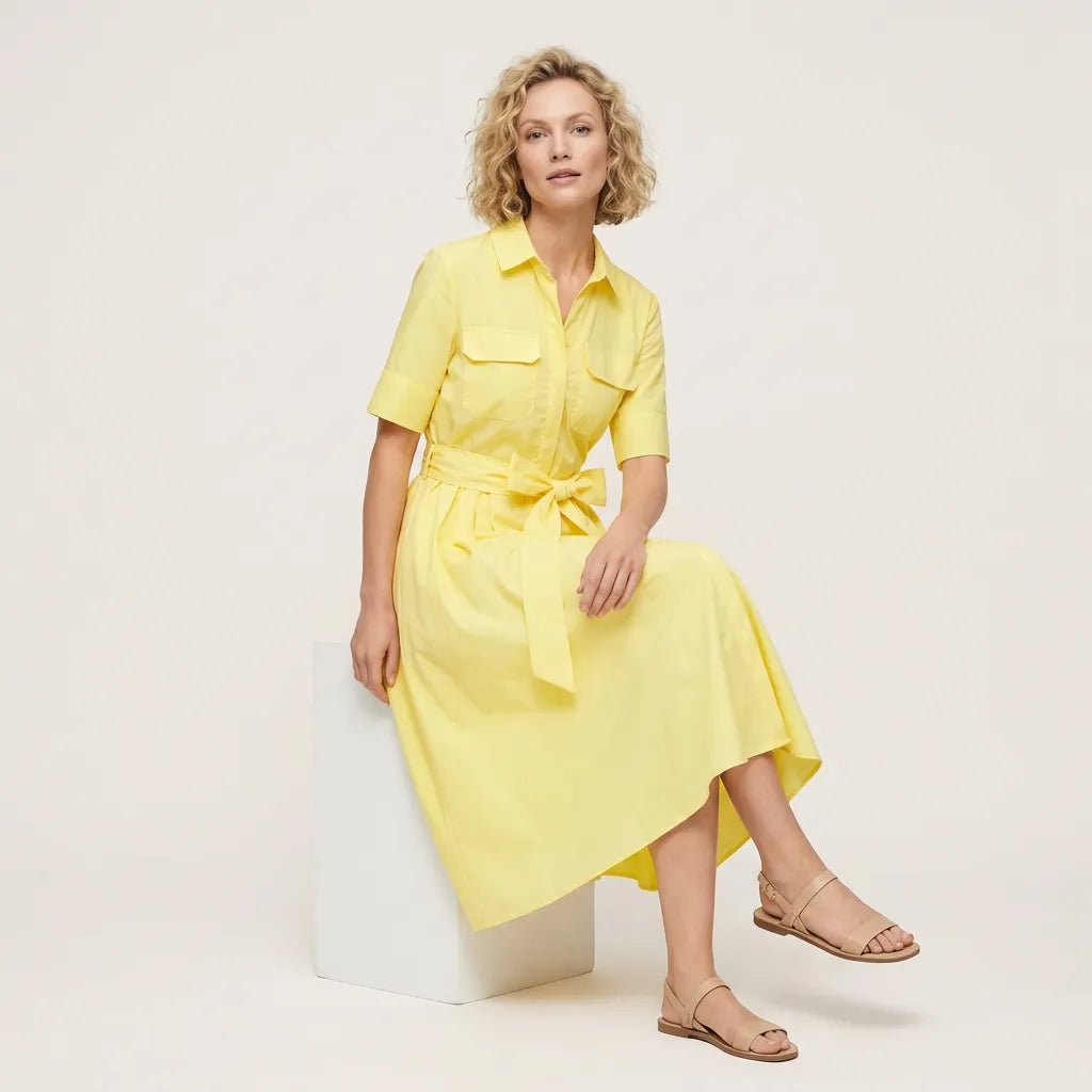 A - Line Midi Shirt Dress with Waist Tie YellowXSM-017-YELLOW-XS