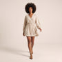 Black Deep V - Neck Balloon Sleeve Mini Dress BeigeSM-044-BEIGE-S
