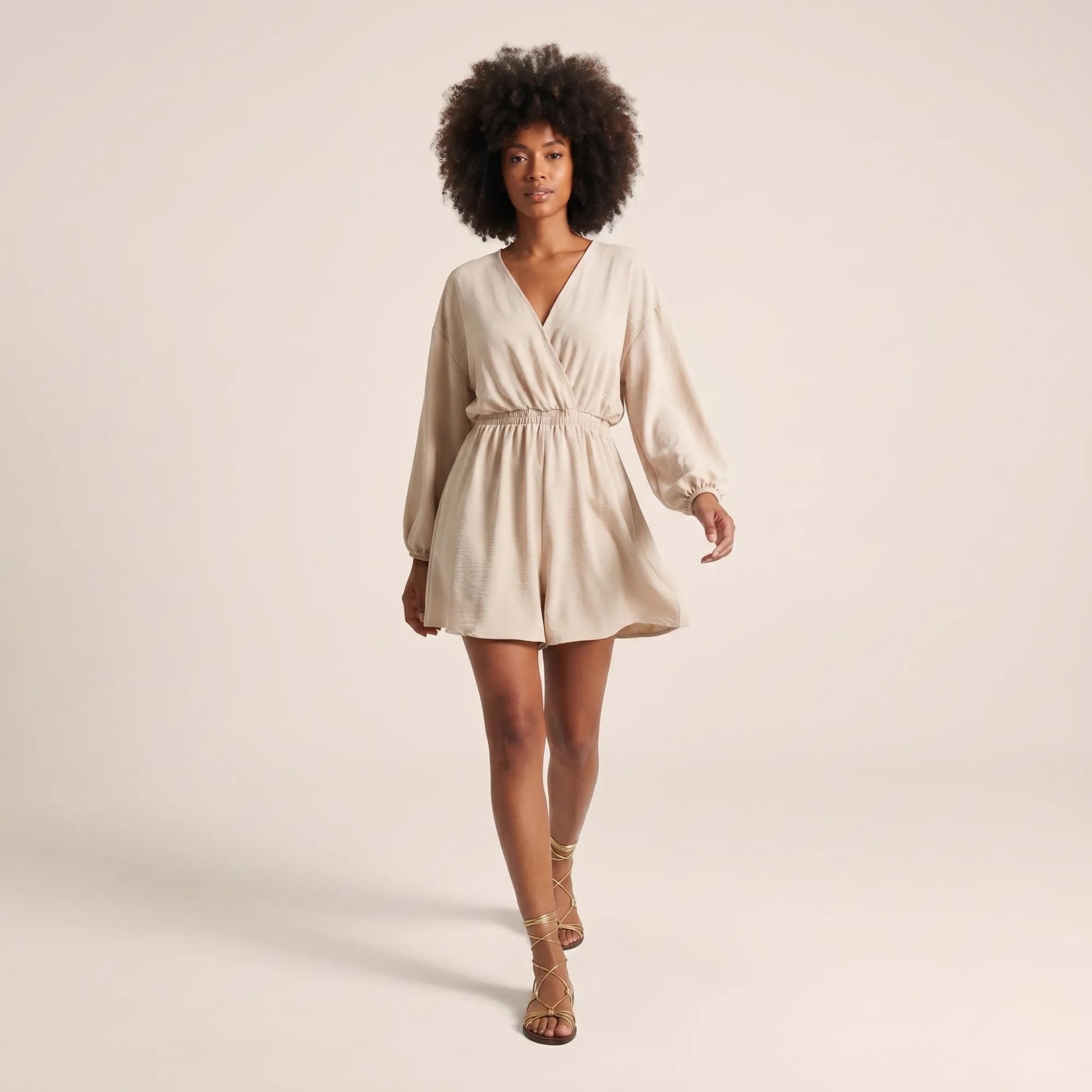 Black Deep V - Neck Balloon Sleeve Mini Dress BeigeSM-044-BEIGE-S