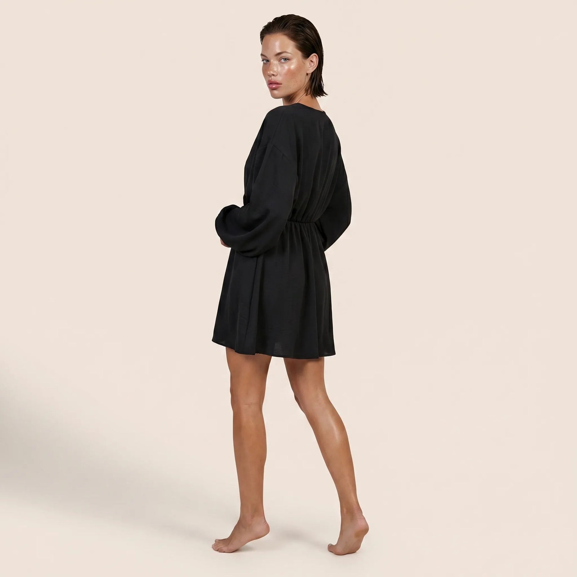 Black Deep V - Neck Balloon Sleeve Mini Dress BlackSM-044-BLACK-S