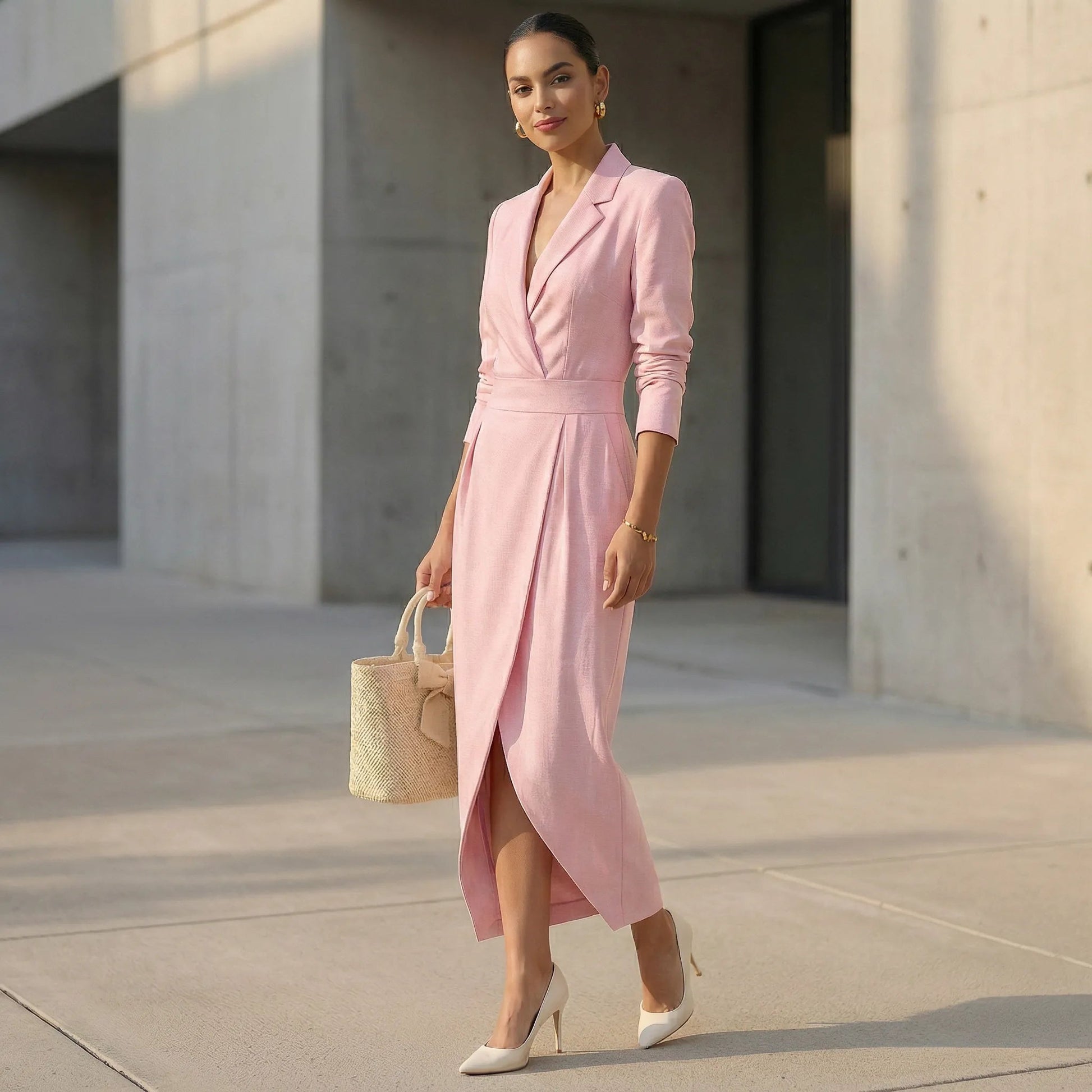 Blazer Style High Waist Midi Dress PinkSM-008-PINK-S