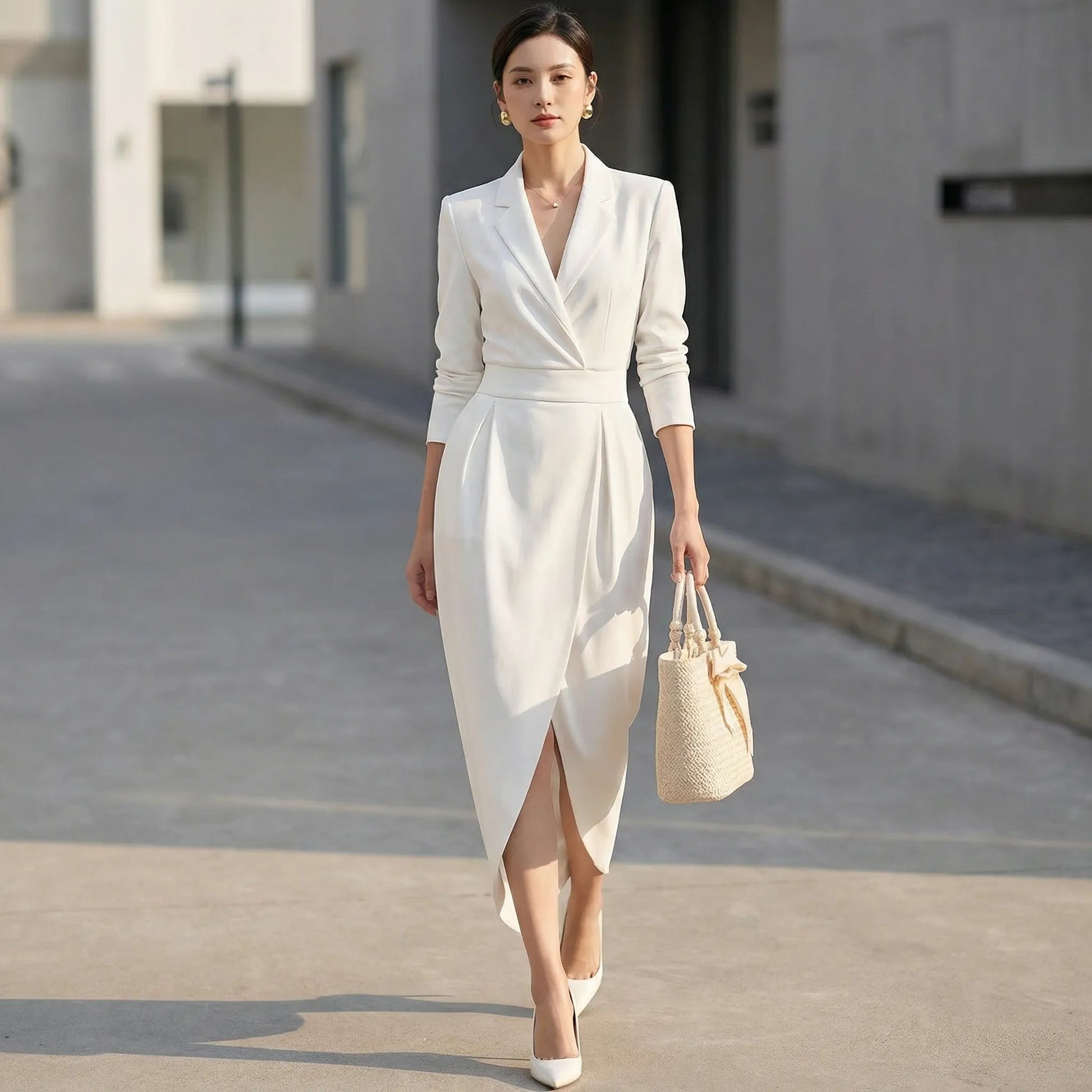 Blazer Style High Waist Midi Dress WhiteSM-008-WHITE-S