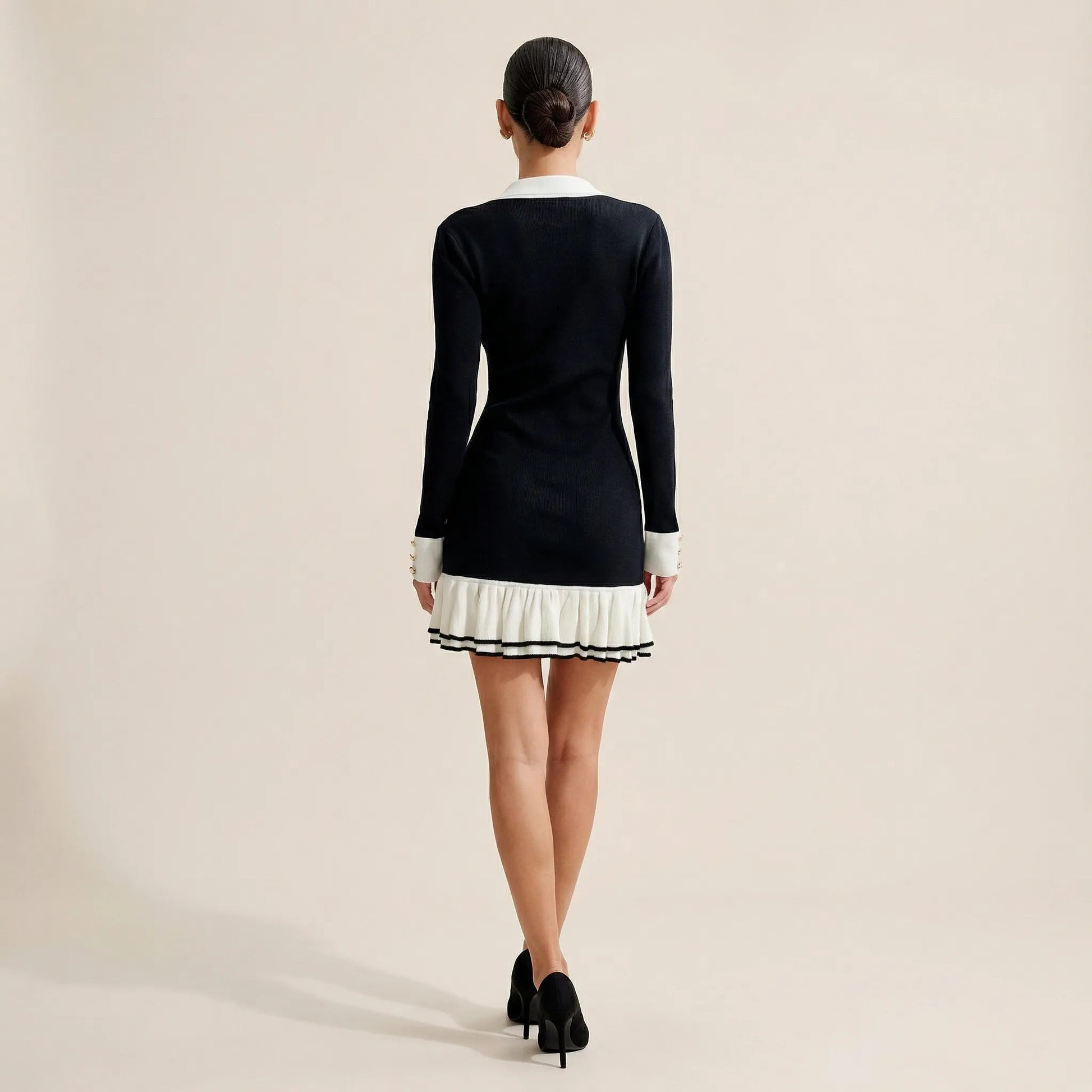 Button - Front Long Sleeve Fit & Flare Mini Dress BlackSM-019-BLACK-S