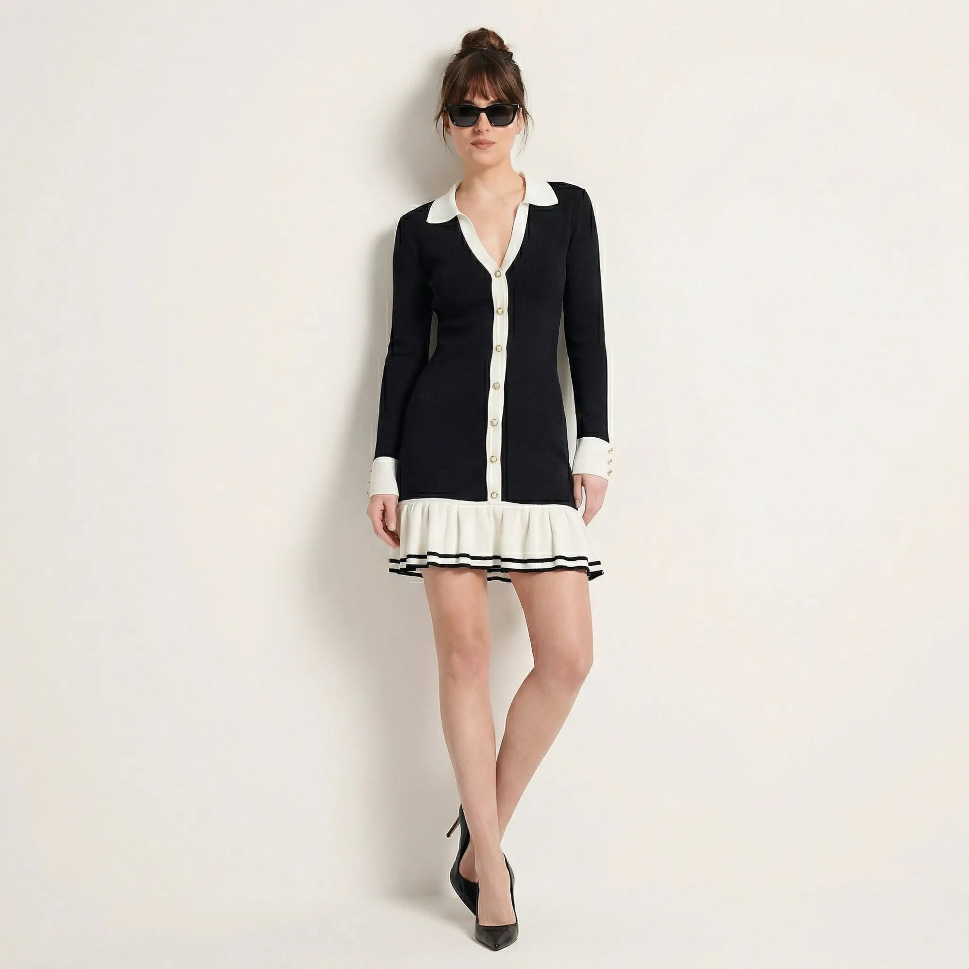 Button - Front Long Sleeve Fit & Flare Mini Dress BlackSM-019-BLACK-S