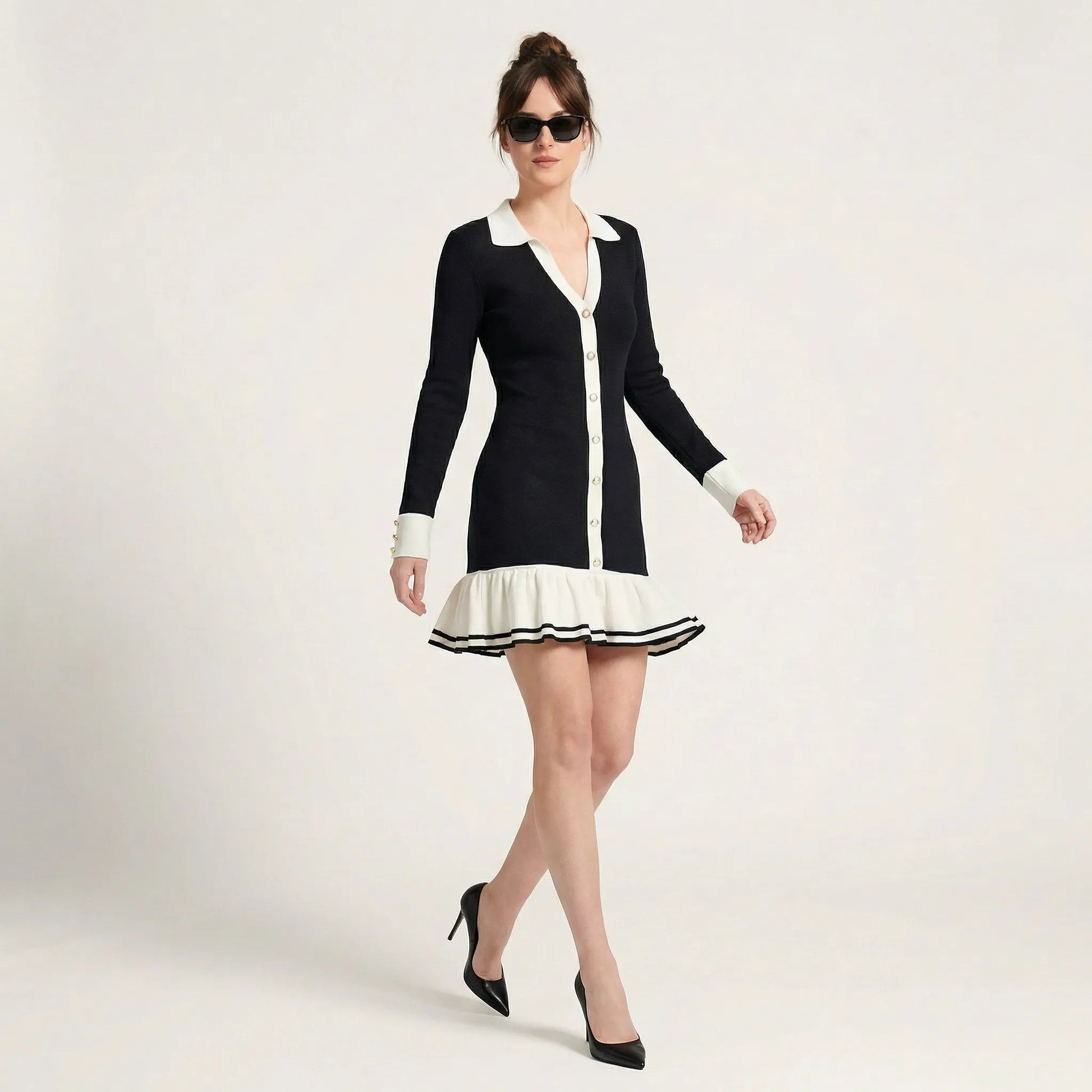 Button - Front Long Sleeve Fit & Flare Mini Dress BlackSM-019-BLACK-S
