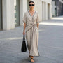 Chic Tie - Waist A - Line Summer Maxi Dress BeigeSM-020-BEIGE-S