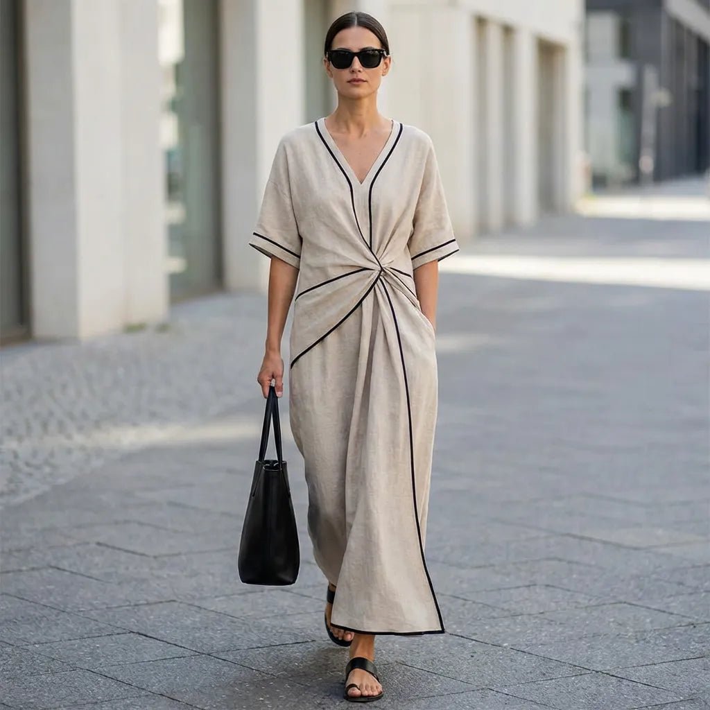Chic Tie - Waist A - Line Summer Maxi Dress BeigeSM-020-BEIGE-S