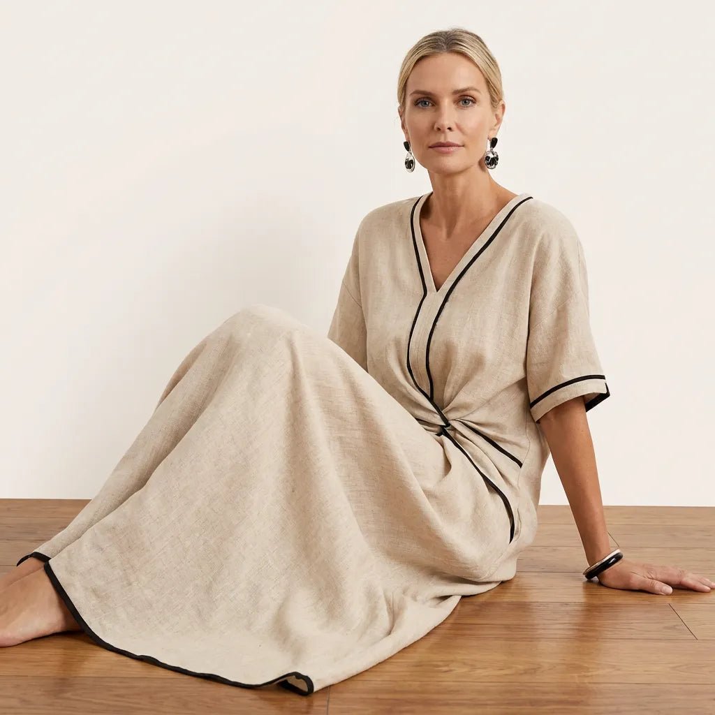 Chic Tie - Waist A - Line Summer Maxi Dress BeigeSM-020-BEIGE-S
