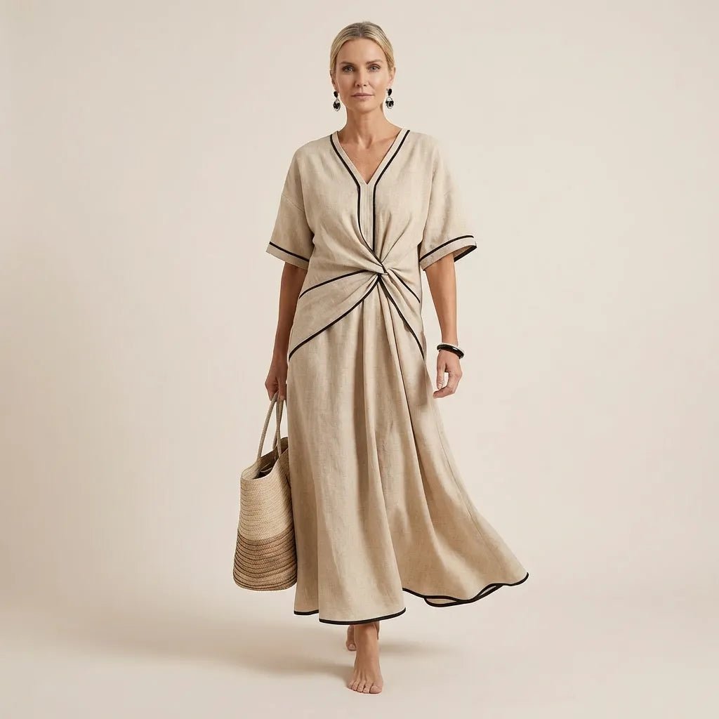 Chic Tie - Waist A - Line Summer Maxi Dress BeigeSM-020-BEIGE-S