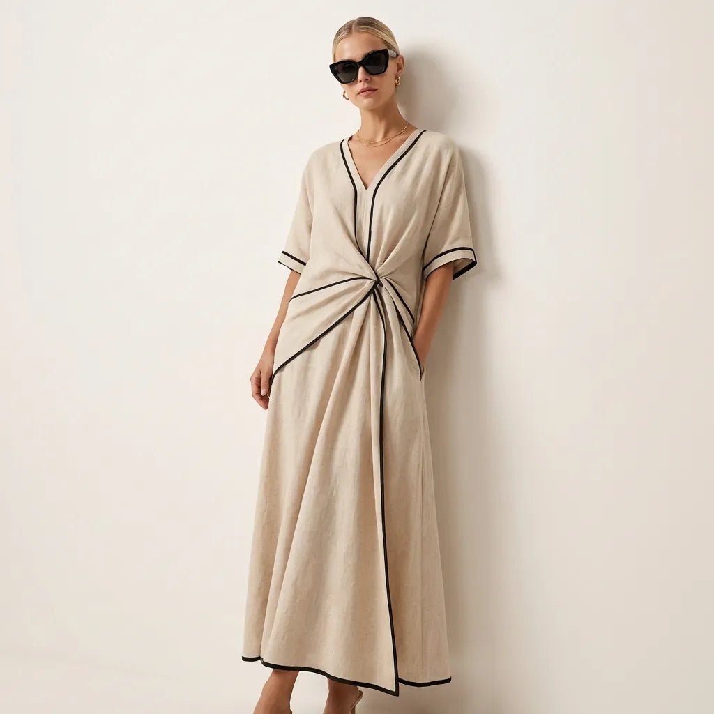 Chic Tie - Waist A - Line Summer Maxi Dress BeigeSM-020-BEIGE-S