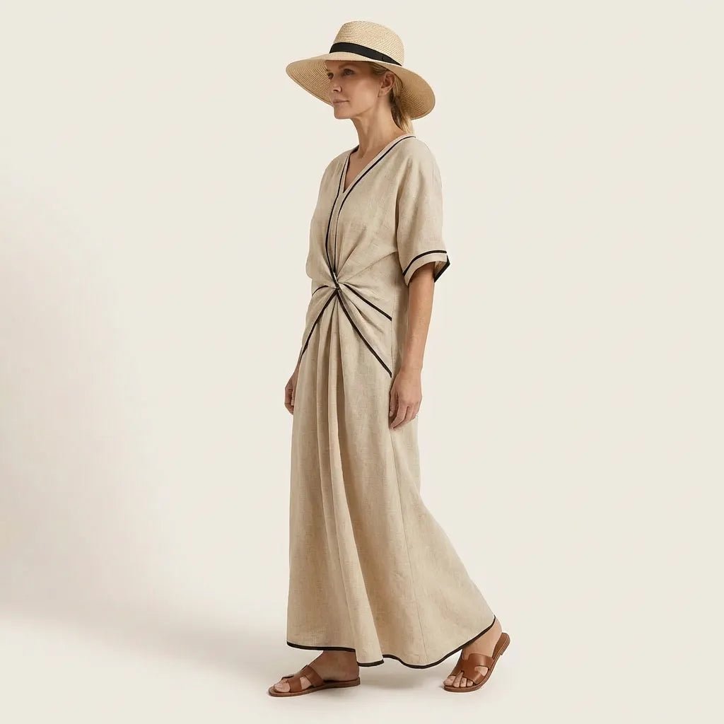 Chic Tie - Waist A - Line Summer Maxi Dress BeigeSM-020-BEIGE-S