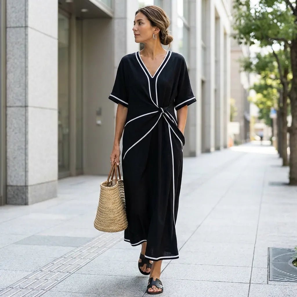 Chic Tie - Waist A - Line Summer Maxi Dress BlackSM-020-BLACK-S