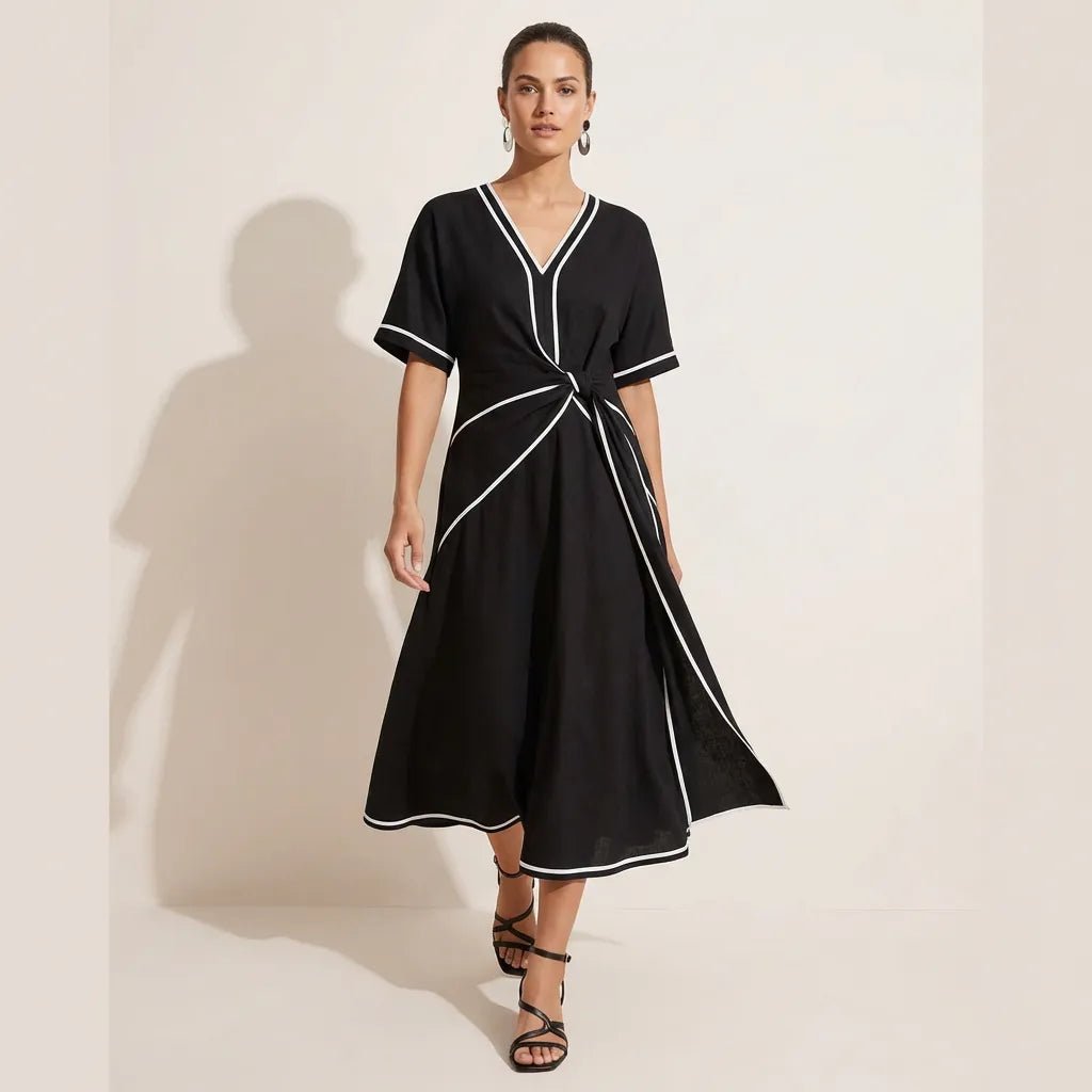 Chic Tie - Waist A - Line Summer Maxi Dress BlackSM-020-BLACK-S